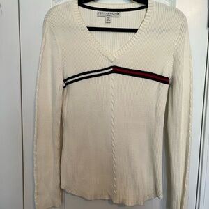 Tommy Hilfiger Women's V-Neck Sweater in Cream with Stripe Detail